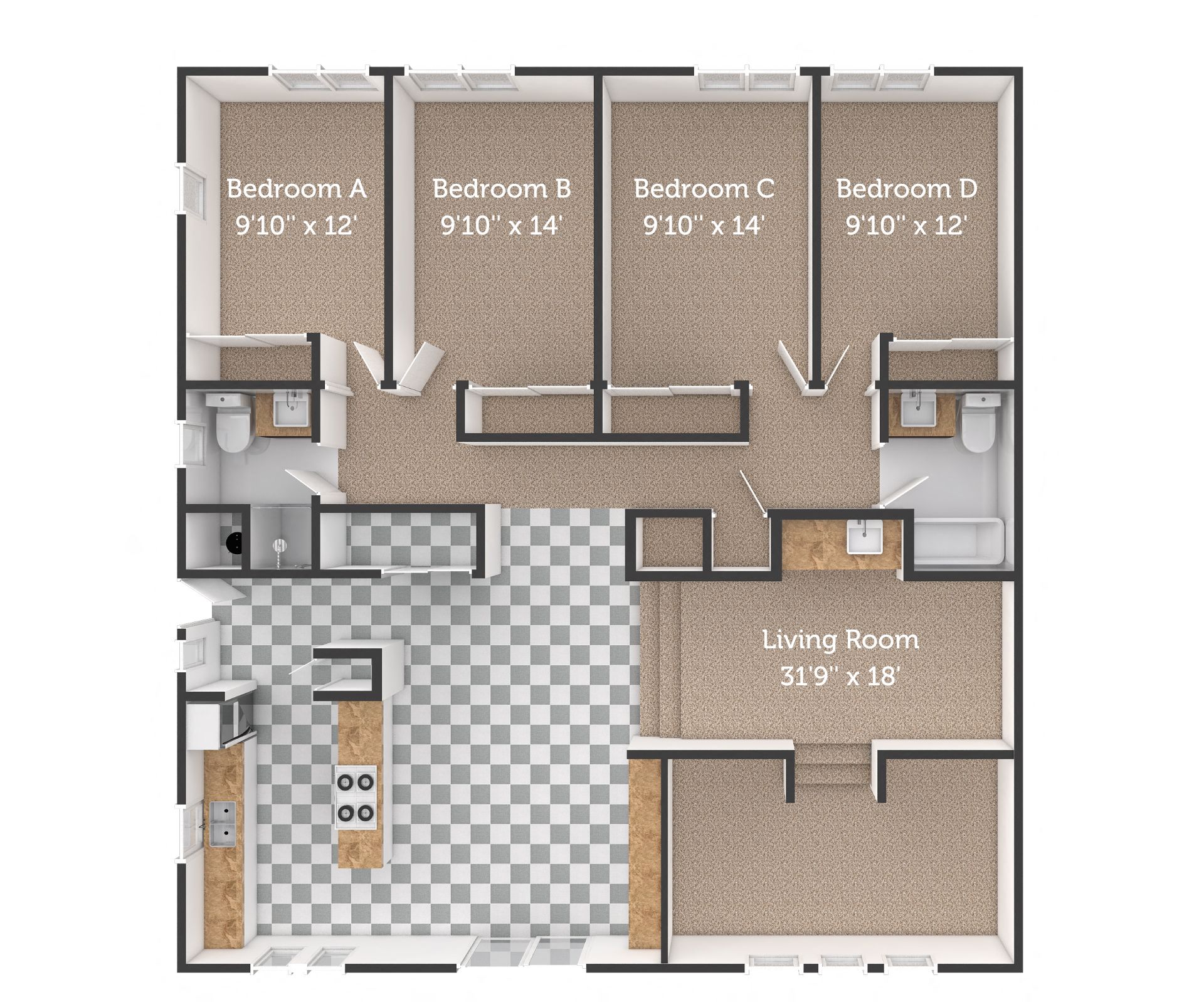 Floor plan for 4 beds, 2 baths, 1720 sqft